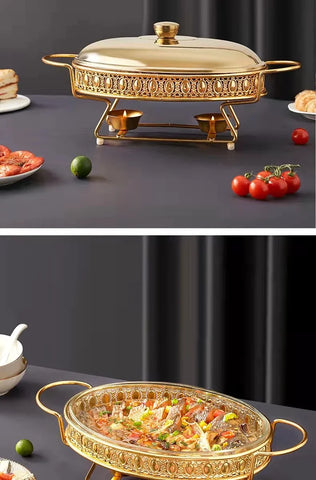 Luxury Golden Oval Food Warmer Hotel Wedding Chafing Dish Stainless Steel Glass Serving Dish Buffet Server and Hot Pot