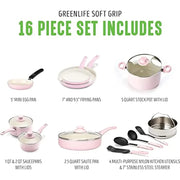 Soft Grip Healthy Ceramic Nonstick, 16 Piece Cookware Pots and Pans Set, PFAS-Free, Dishwasher Safe, Soft Pink