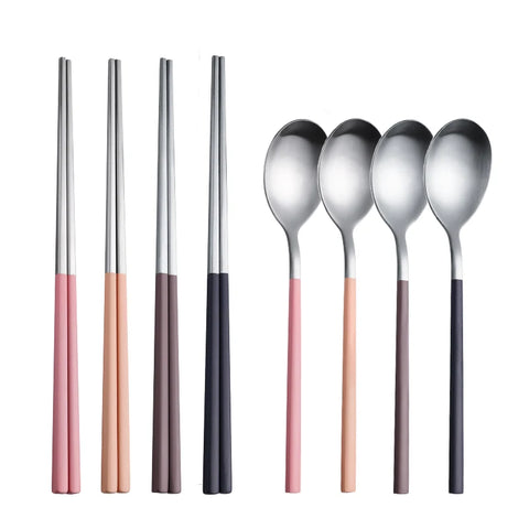 8Pcs Tableware Set Stainelss Steel Cutlery Set Korean Spoons Chopsticks Dinner Set Kitchenware Dinnerware Set Spoon Cutlery Set