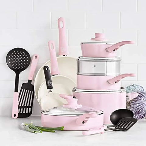 Soft Grip Healthy Ceramic Nonstick, 16 Piece Cookware Pots and Pans Set, PFAS-Free, Dishwasher Safe, Soft Pink